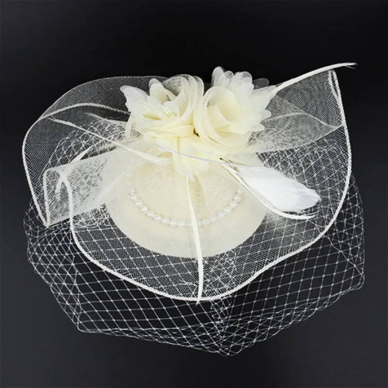 WHITE FASCINATOR FEATHERS MESH WHITE PEARLS ( 1268 IV ) sold by Oh My Jewelry