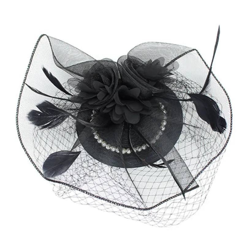 BLACK FASCINATOR FEATHERS MESH WHITE PEARLS ( 1268 BK ) sold by Oh My Jewelry