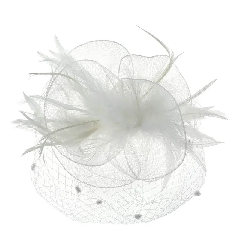WHITE FASCINATOR BEADS FEATHERS MESH ( 1247 WT ) sold by Oh My Jewelry