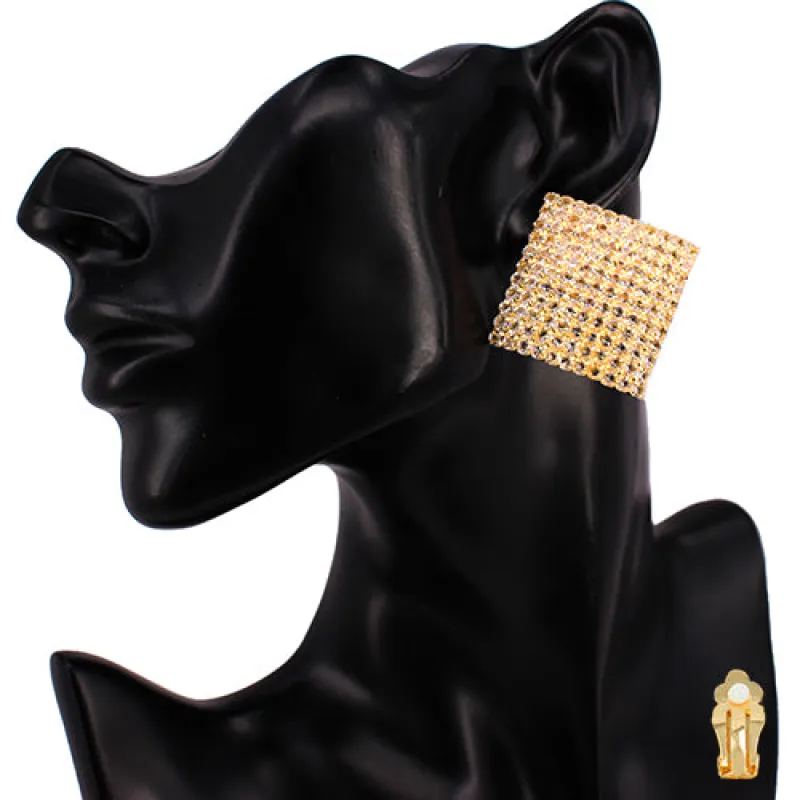 GOLD SQUARE CLIP ON EARRINGS CLEAR STONES ( 7383 GDCLR-CP ) sold by Oh My Jewelry