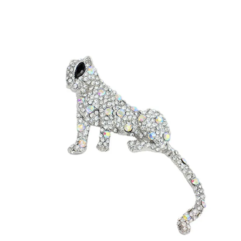 SILVER LEOPARD BROOCH CLEAR AB STONES ( 2012 CLR ) made by Oh My Jewelry