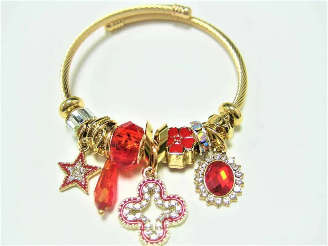 GOLD CUFF BANGLE RED CLEAR STONES CHARMS ( 806 GRD ) sold by Oh My Jewelry