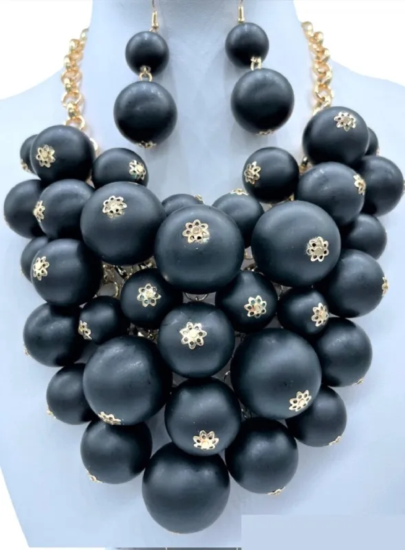 GOLD NECKLACE SET METALLIC BLACK BALLS ( 2896 GPBK ) sold by Oh My Jewelry