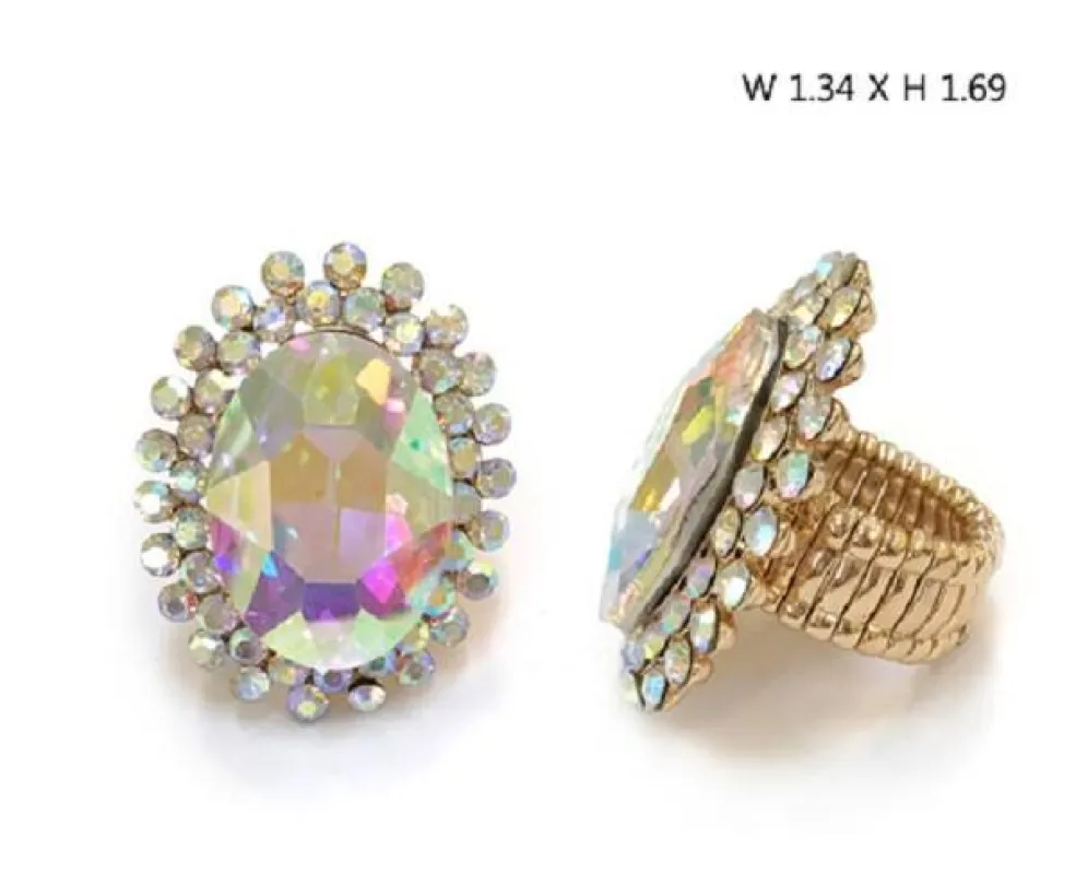 Large Oval Gold AB Stone and Clear Rhinestone Stretch Ring ( 555 GAB ) sold by Oh My Jewelry