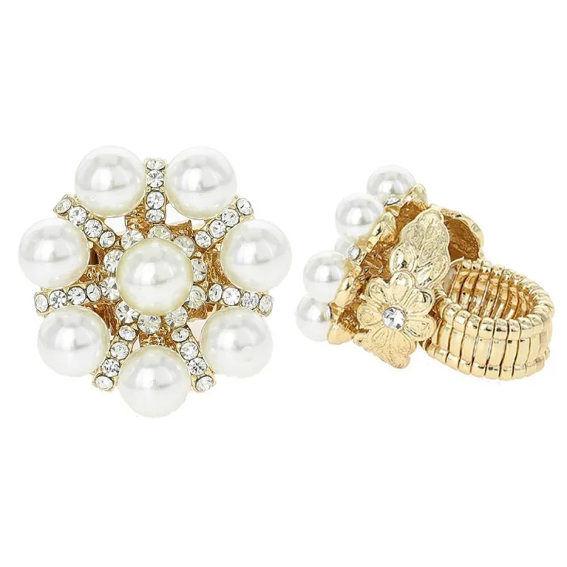 GOLD STRETCH RING WITH CLEAR STONES CREAM PEARL FLOWER DESIGN ( 75 ) sold by Oh My Jewelry