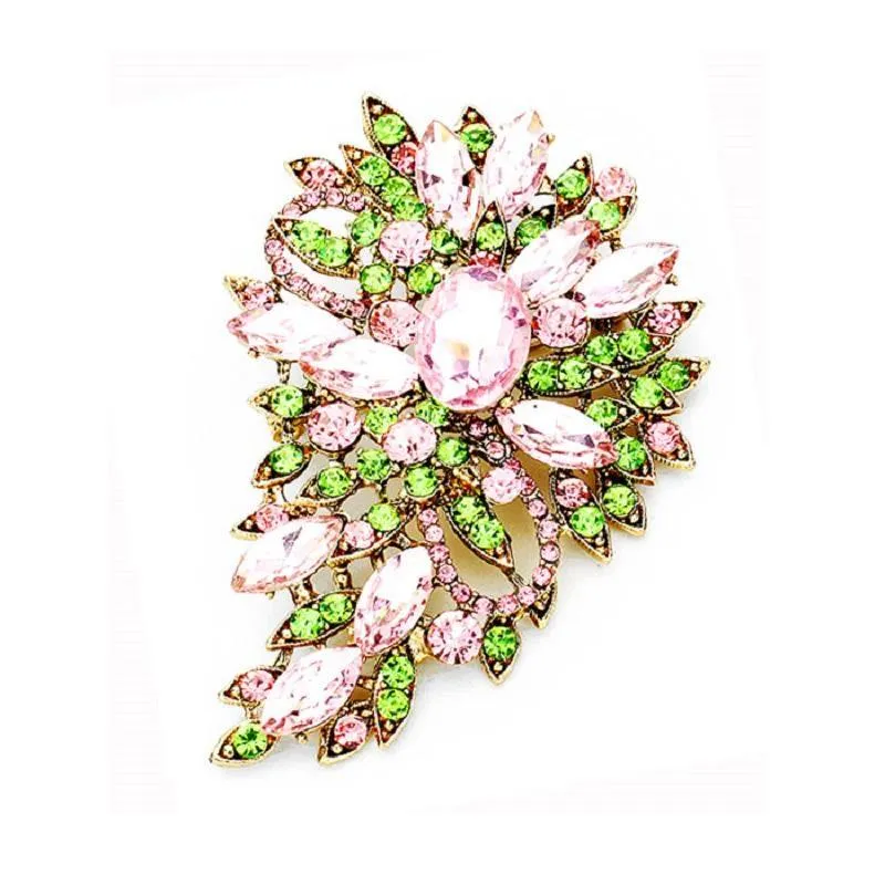 3.25" Gold Pink and Green Rhinestone Brooch Pin ( 1246 PKGR ) made by Oh My Jewelry