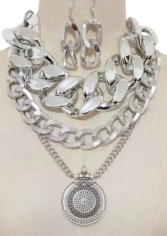 SILVER CHUNKY NECKLACE SET ( 3563 RH ) sold by Oh My Jewelry