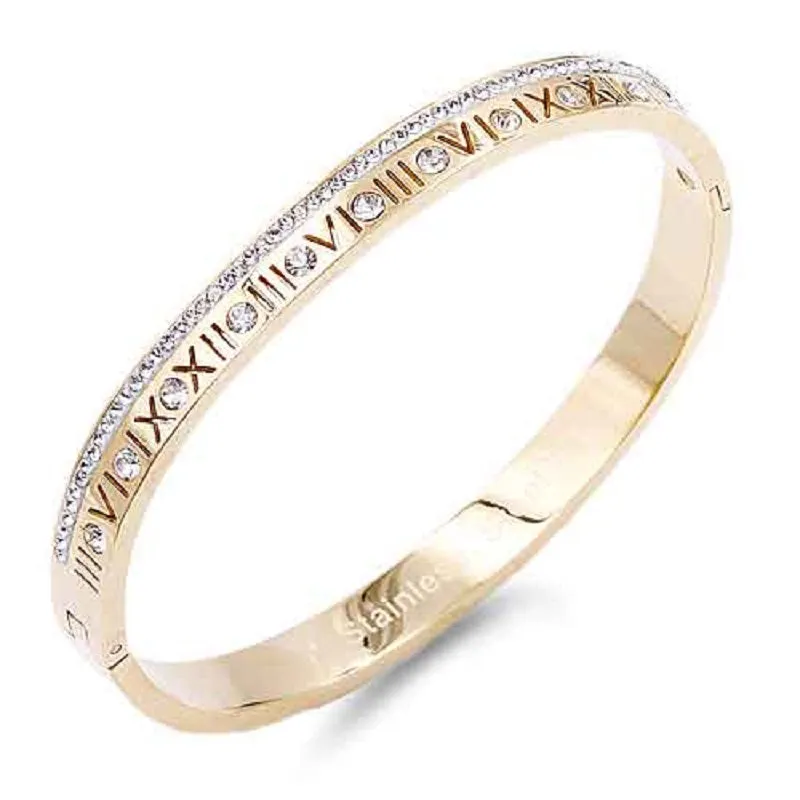 GOLD BANGLE CLEAR STONES ROMAN NUMERALS ( 4068 GD ) sold by Oh My Jewelry