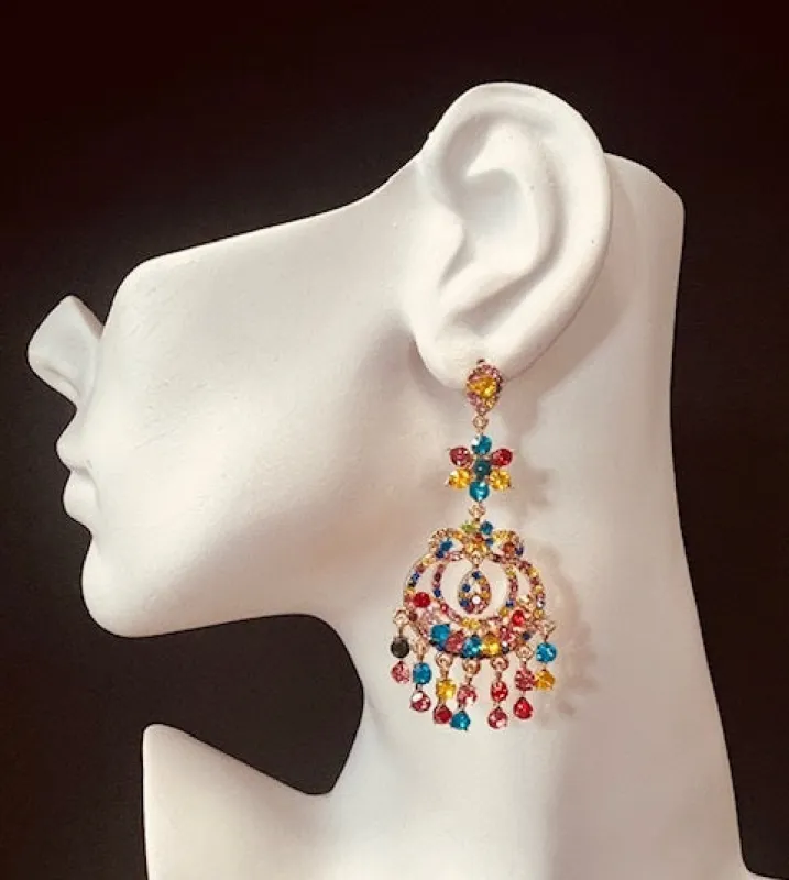 GOLD CHANDELIER EARRINGS MULTI COLOR STONES ( 2677 2MX ) sold by Oh My Jewelry