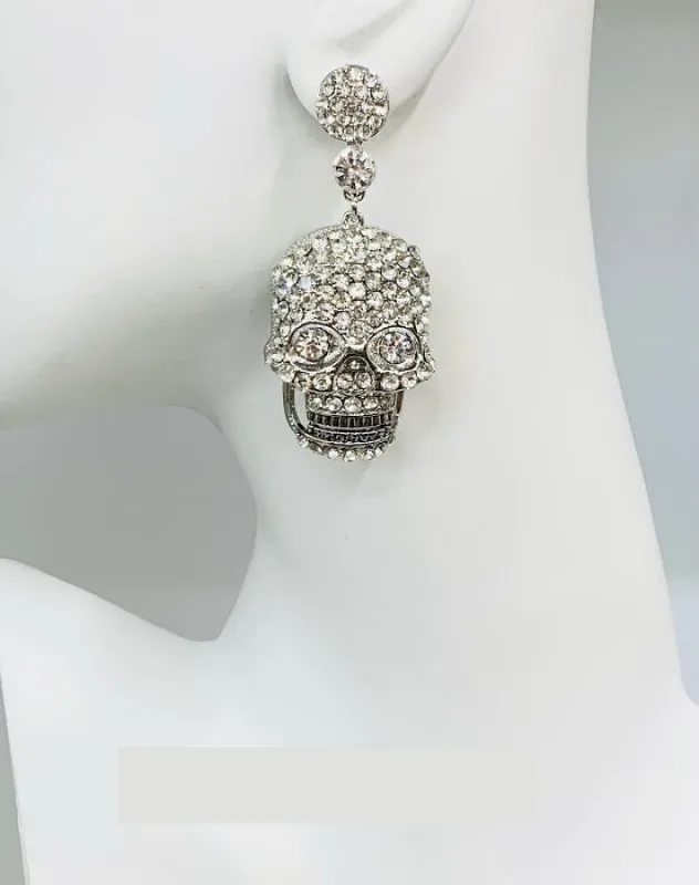 SILVER SKULL EARRINGS CLEAR STONES ( 2860 3CL ) sold by Oh My Jewelry