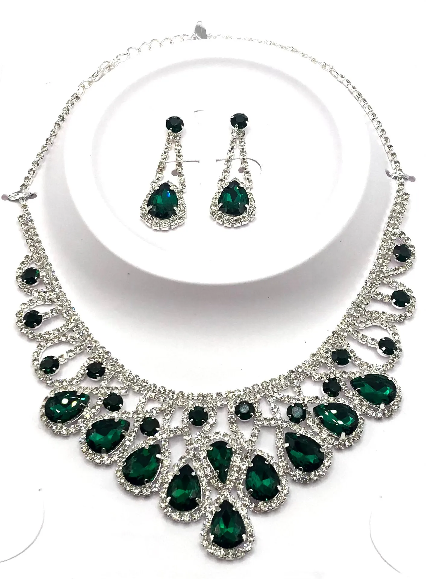 SILVER NECKLACE SET GREEN CLEAR STONES ( 15237 SGR ) sold by Oh My Jewelry