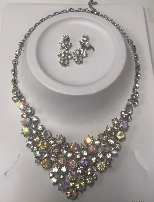 SILVER NECKLACE SET CLEAR AB STONES ( 01431 SCLAB ) sold by Oh My Jewelry