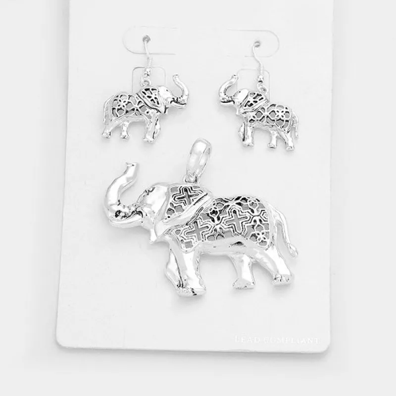 Silver Elephant Cut Out Pendant with Matching Dangle Earrings ( 1547 ) made by Oh My Jewelry