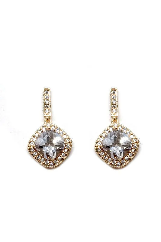 1" LONG GOLD CLEAR HALO CUBIC ZIRCONIA DANGLE EARRINGS ( 10369 CLGD ) made by Oh My Jewelry
