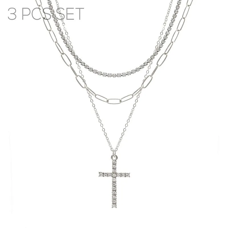 3 PIECE SET Silver RHINESTONE NECKLACE CROSS CHARM ( 18025 CRR ) made by Rebecca Minkoff