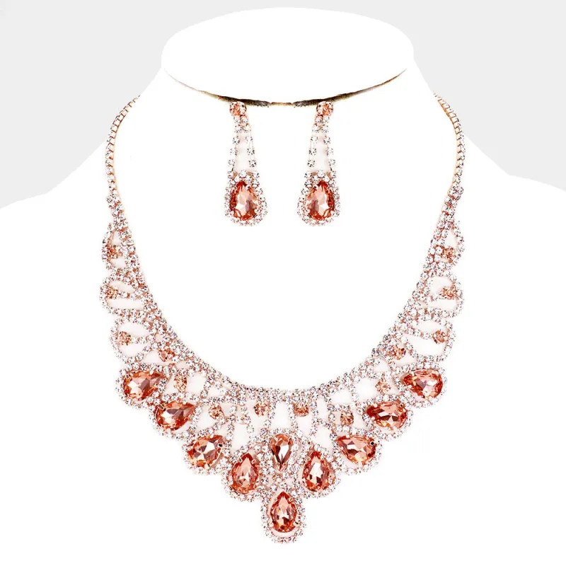 ROSE GOLD NECKLACE SET CLEAR PEACH STONES ( 15237 RGPC ) sold by Oh My Jewelry