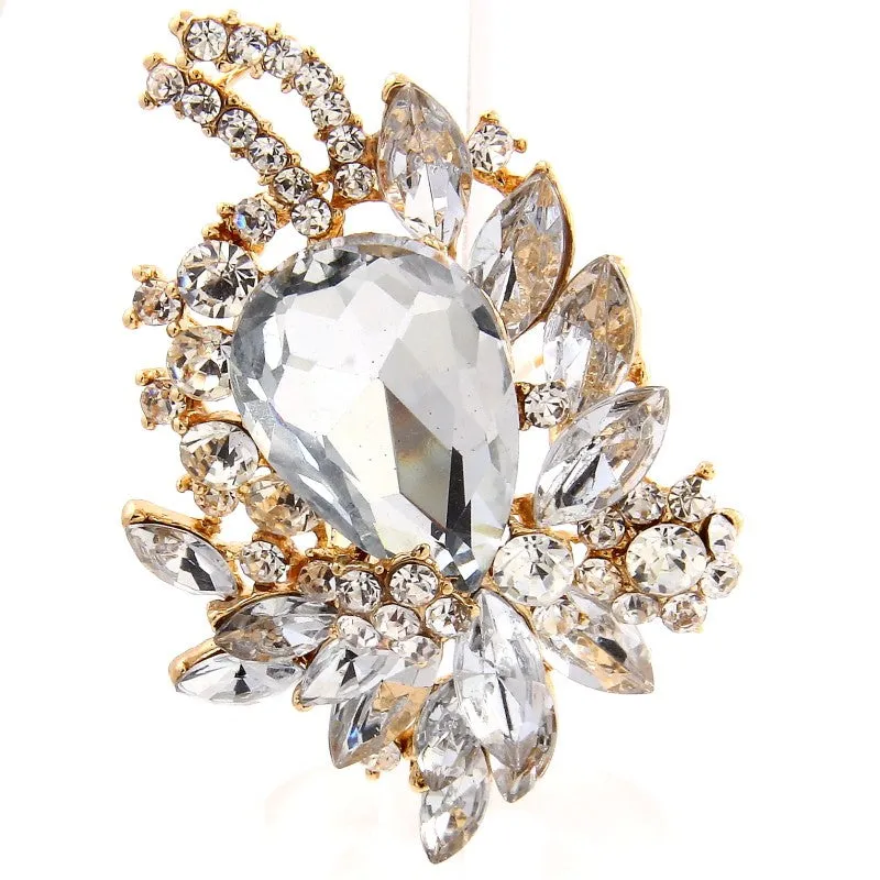 3" Clear Rhinestone Teardrop Brooch in Gold Setting ( 06334 GCL ) sold by Oh My Jewelry