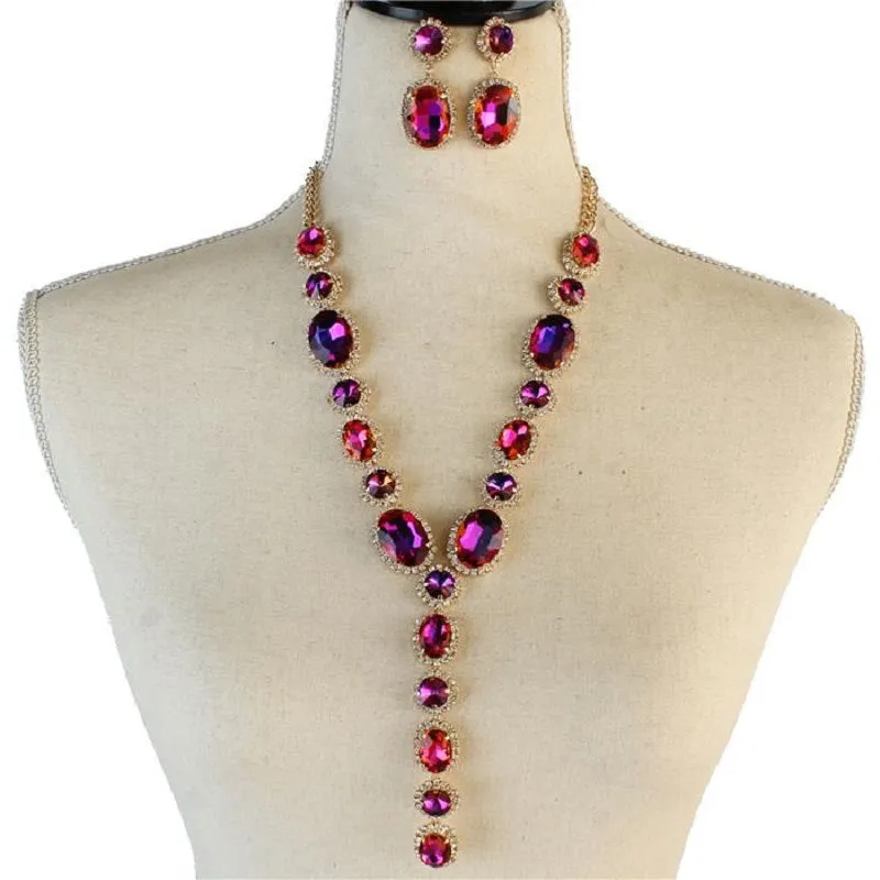 LONG GOLD NECKLACE WITH PURPLE AB & CLEAR OVAL STONES AND MATCHING EARRINGS ( 2048 PUAB ) made by Oh My Jewelry