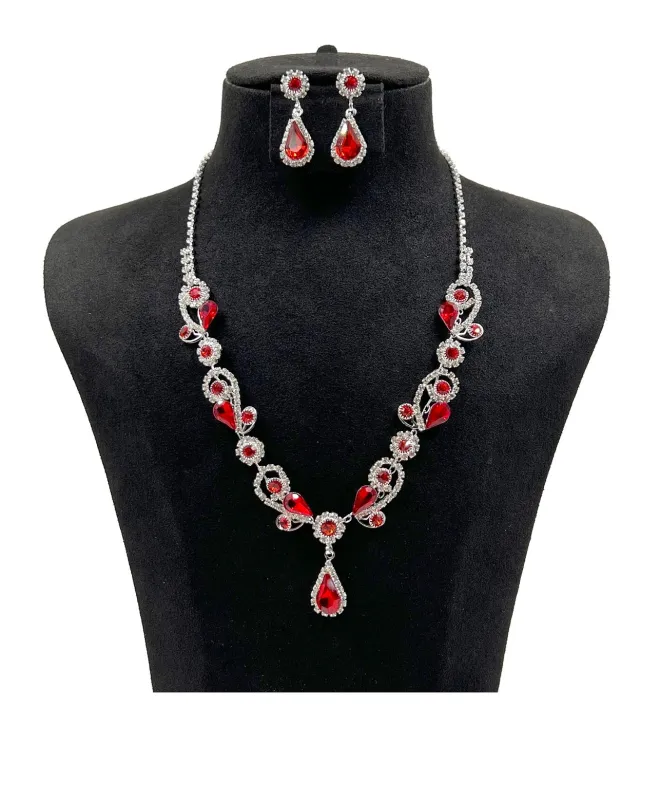 SILVER NECKLACE SET CLEAR RED STONES ( 0818 1R ) made by Oh My Jewelry