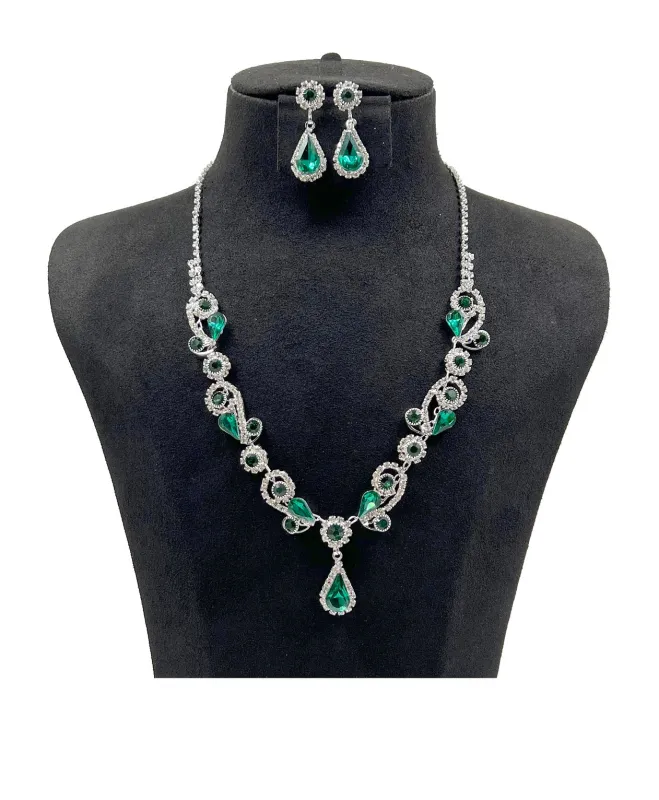 SILVER NECKLACE SET CLEAR GREEN STONES ( 0818 1G ) sold by Oh My Jewelry