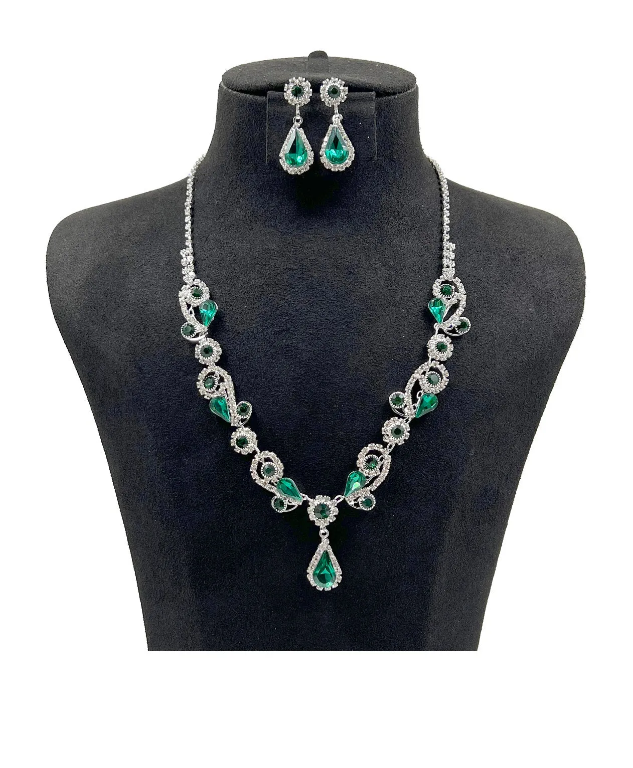 SILVER NECKLACE SET CLEAR GREEN STONES ( 0818 1G ) sold by Oh My Jewelry