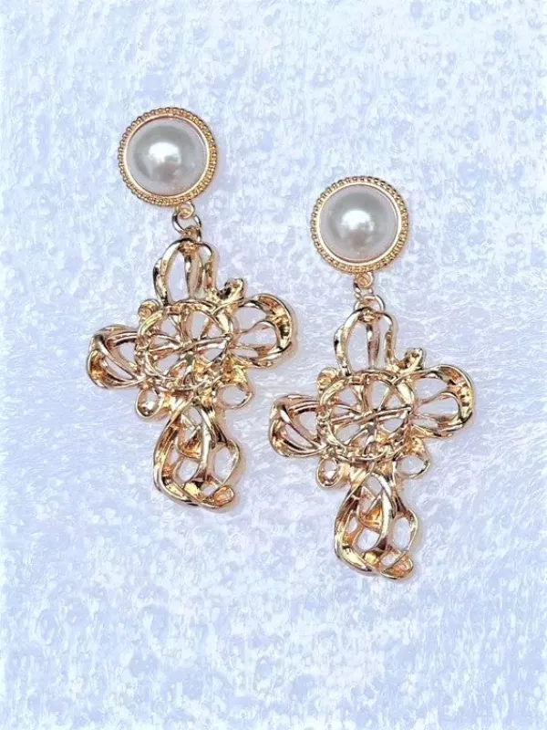 GOLD CROSS EARRINGS PEARLS ( 1222 GPCRM ) sold by Oh My Jewelry