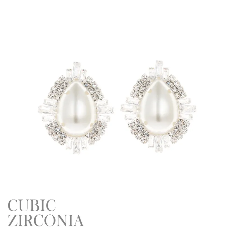 SILVER WHITE PEARL EARRINGS CLEAR CZ CUBIC ZIRCONIA STONES ( 28119 WHS ) made by Rebecca Minkoff