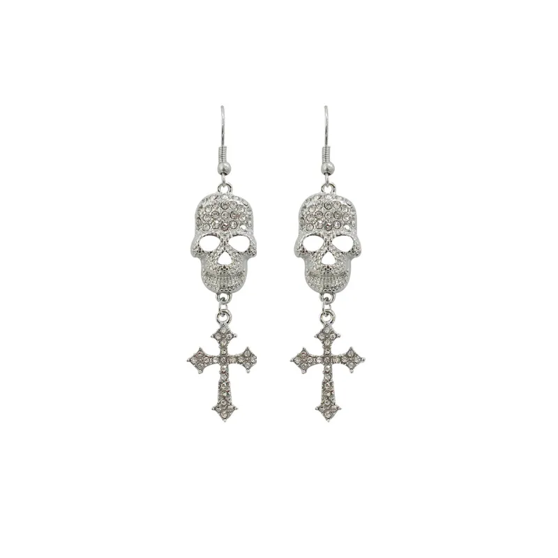 SILVER SKULL CROSS EARRINGS CLEAR STONES ( 27975 HCRR ) sold by Oh My Jewelry