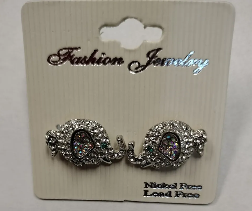 SILVER ELEPHANT EARRINGS CLEAR STONES ( 2155 SCLAB ) made by Oh My Jewelry