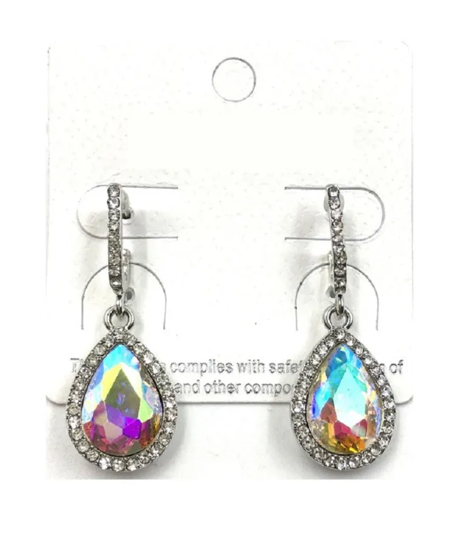 1.5" SILVER DANGLING TEARDROP EARRINGS AB CLEAR STONES ( 0247 3X ) made by Oh My Jewelry