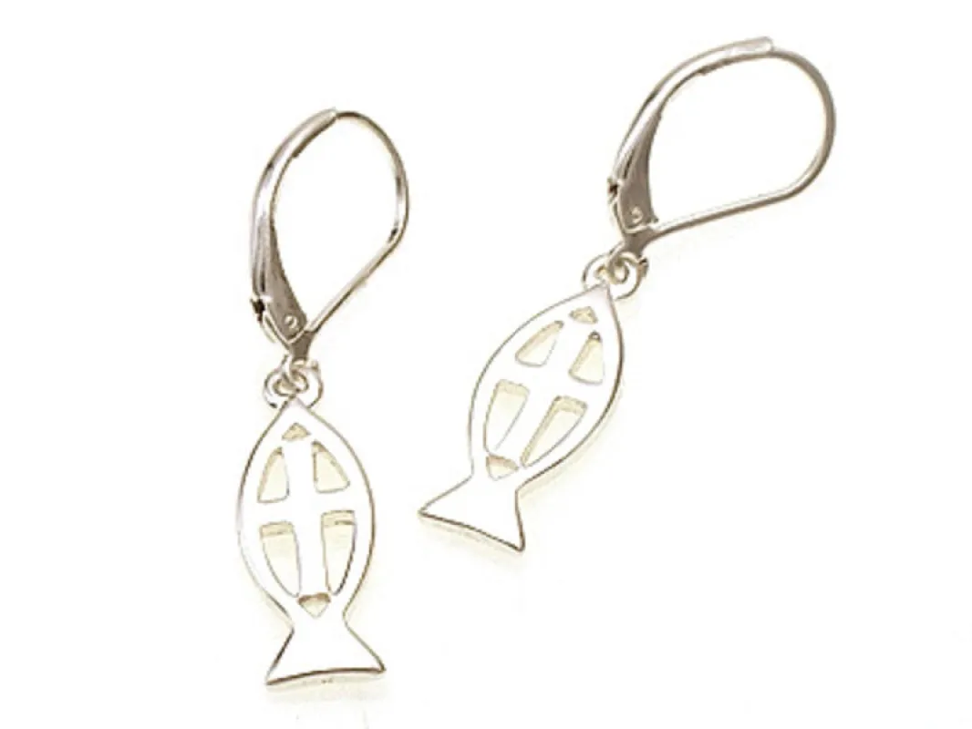 SILVER FISH CROSS EARRINGS ( 78102 S ) sold by Oh My Jewelry