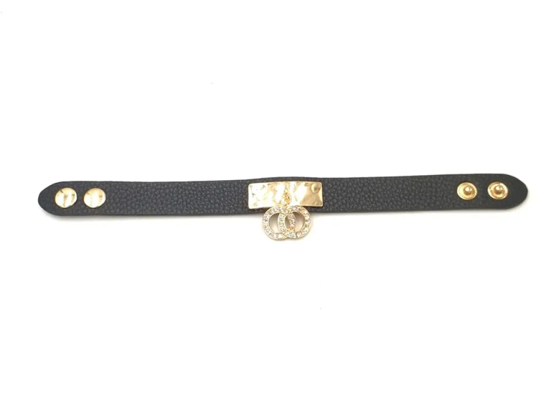 BLACK LEATHER BRACELET GOLD INFINITY CLEAR STONES ( 1120 GDBK ) sold by Oh My Jewelry