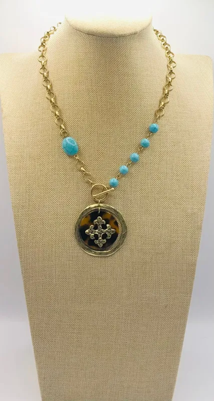 GOLD TURQUOISE NECKLACE CROSS PENDANT ( 7132023 G ) sold by Oh My Jewelry