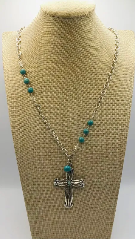 SILVER TURQUOISE CROSS NECKLACE ( 4114 2 ) sold by Oh My Jewelry