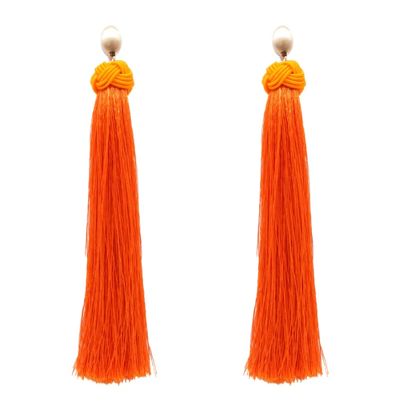 Gold Orange Thread Tassel Earrings ( 6080 ORG ) sold by Oh My Jewelry
