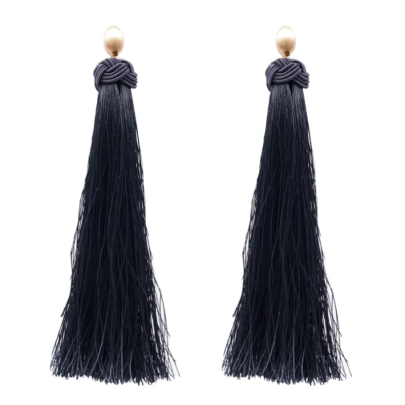 Gold Black Thread Tassel Earrings ( 6080 BLK ) sold by Oh My Jewelry