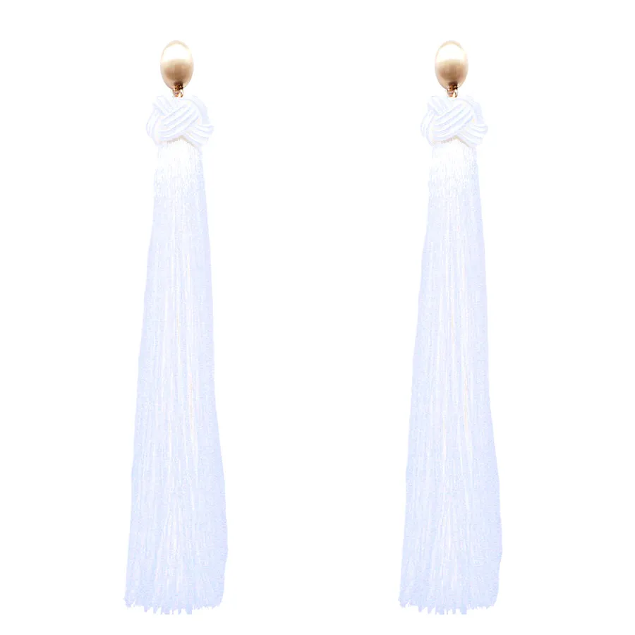 Gold White Thread Tassel Earrings ( 6080 WHT ) sold by Oh My Jewelry