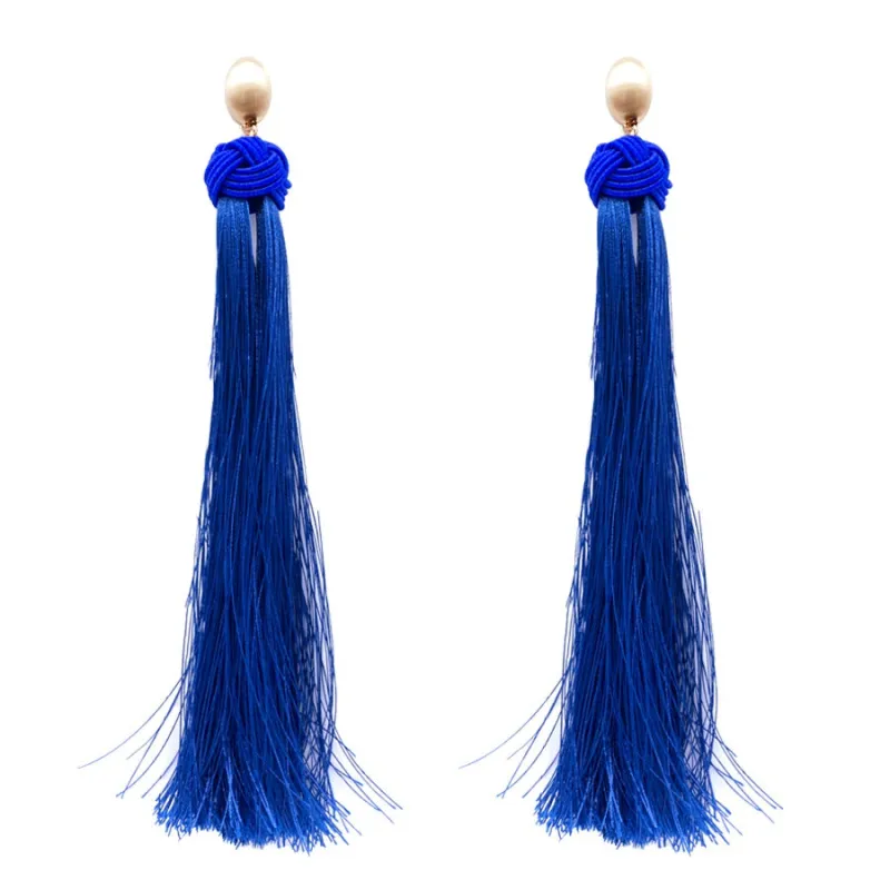Gold Blue Thread Tassel Earrings ( 6080 BLU ) sold by Oh My Jewelry