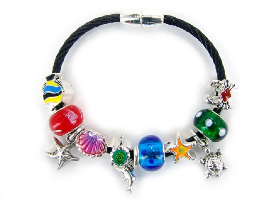 Black Leather Silver Sea Life Charm Bracelet ( 5820 JMX ) sold by Oh My Jewelry