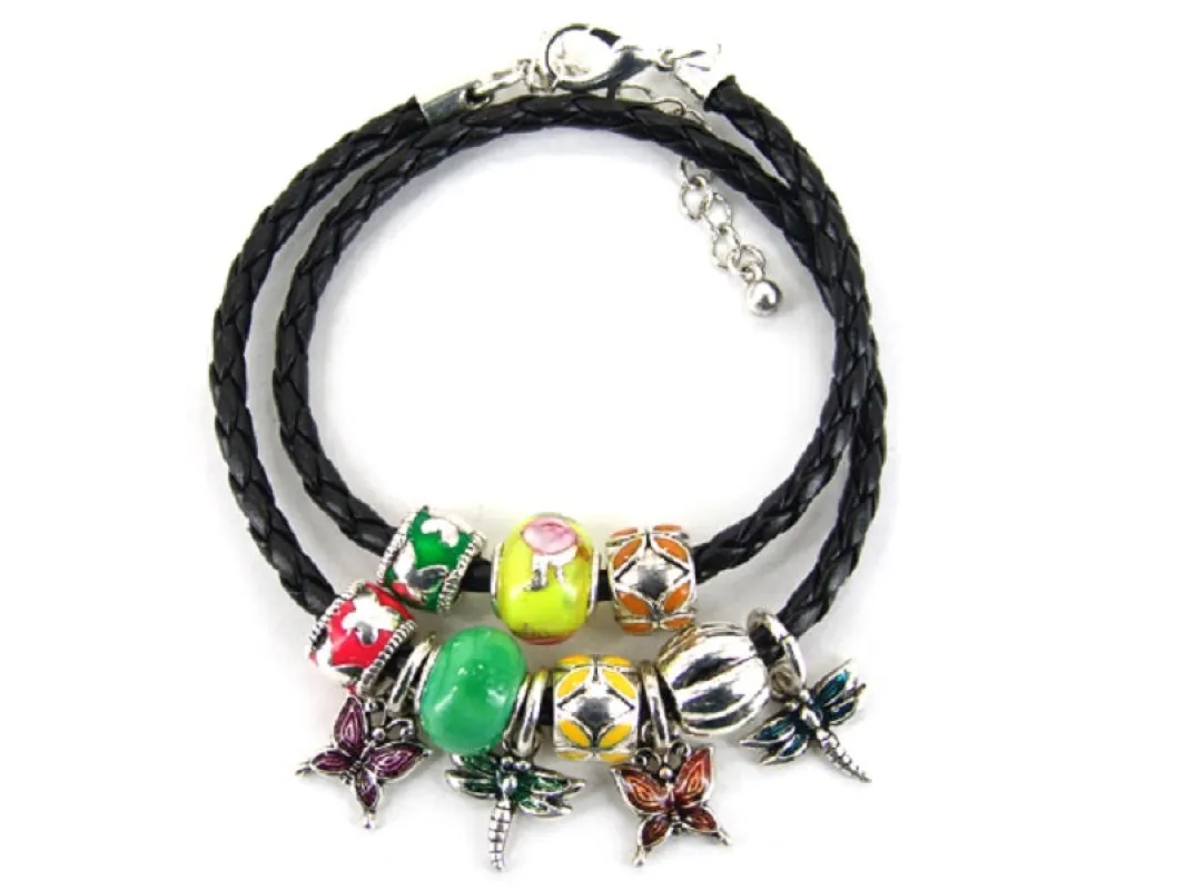 Black Leather Silver Charm Bracelet ( 5095 ASJ ) made by Oh My Jewelry