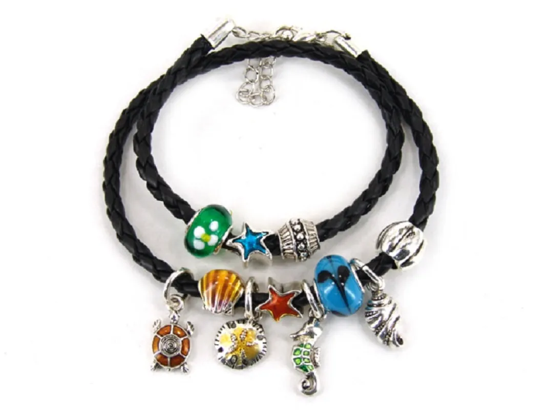 Black Leather Silver Charm Bracelet ( 5097 ASJ ) sold by Oh My Jewelry