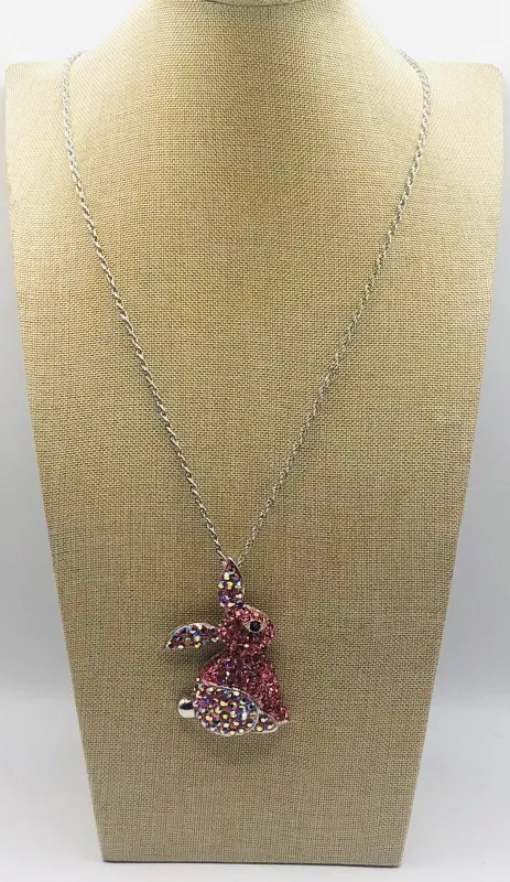 Silver Bunny Necklace Set Pink Stones ( 00630 RPK ) sold by Oh My Jewelry