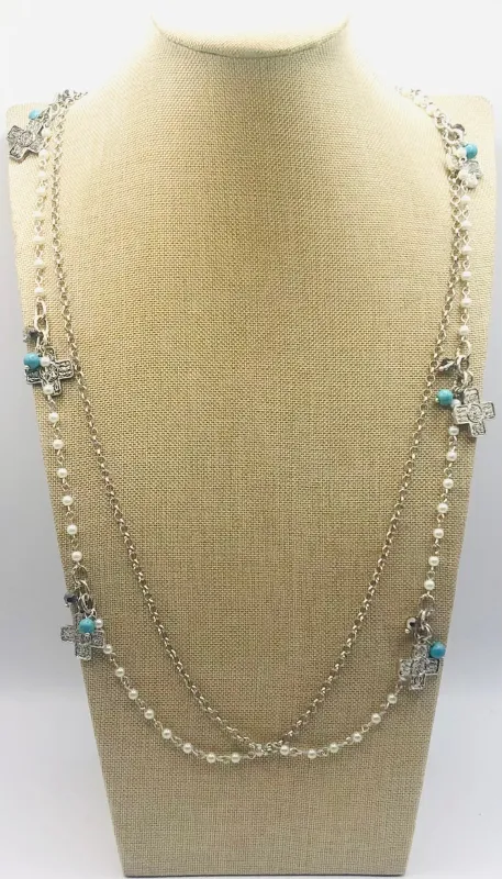 Long Silver Necklace Set Cross Turquoise White Pearls ( 41153 -2 ) sold by Oh My Jewelry