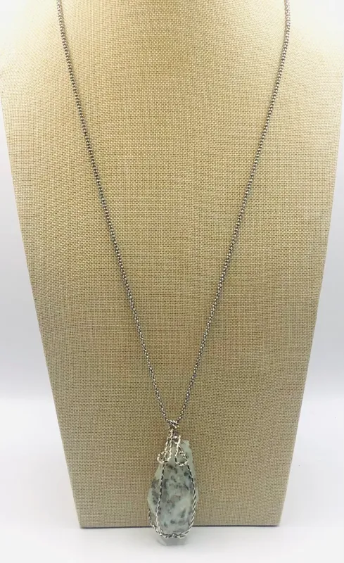 Long Silver Necklace Stone Pendant ( 56 10 WB ) sold by Oh My Jewelry