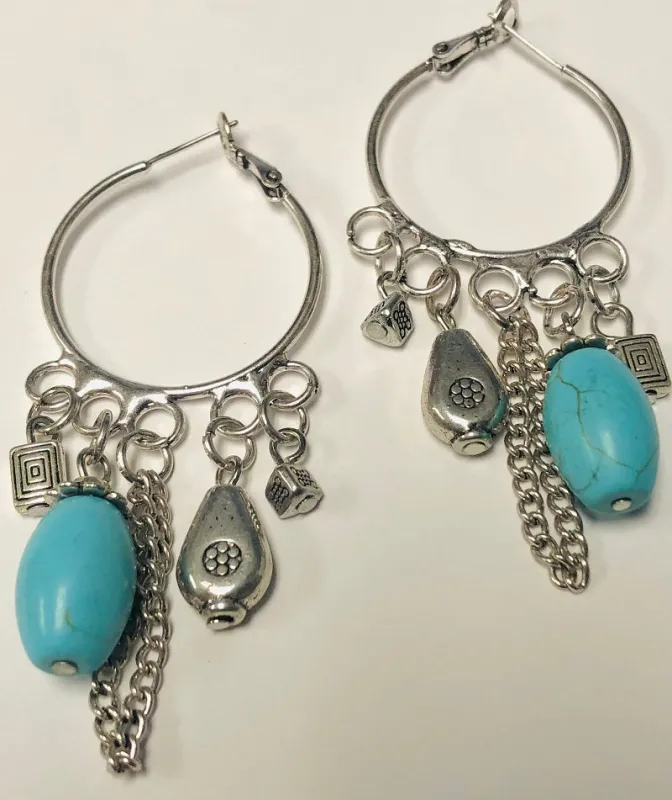 Silver Hoop Earrings Turquoise Stones ( 1020252 STQ ) sold by Oh My Jewelry