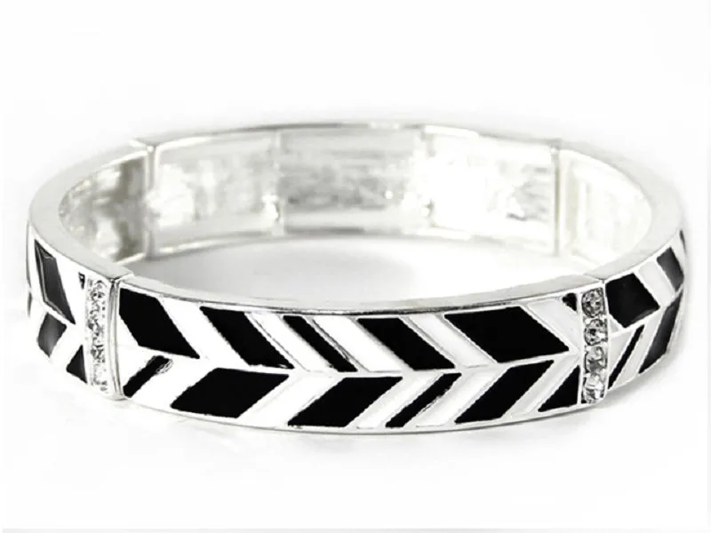 Silver Black White Stretch Bracelet Clear Stones ( 6737 SJW ) sold by Oh My Jewelry