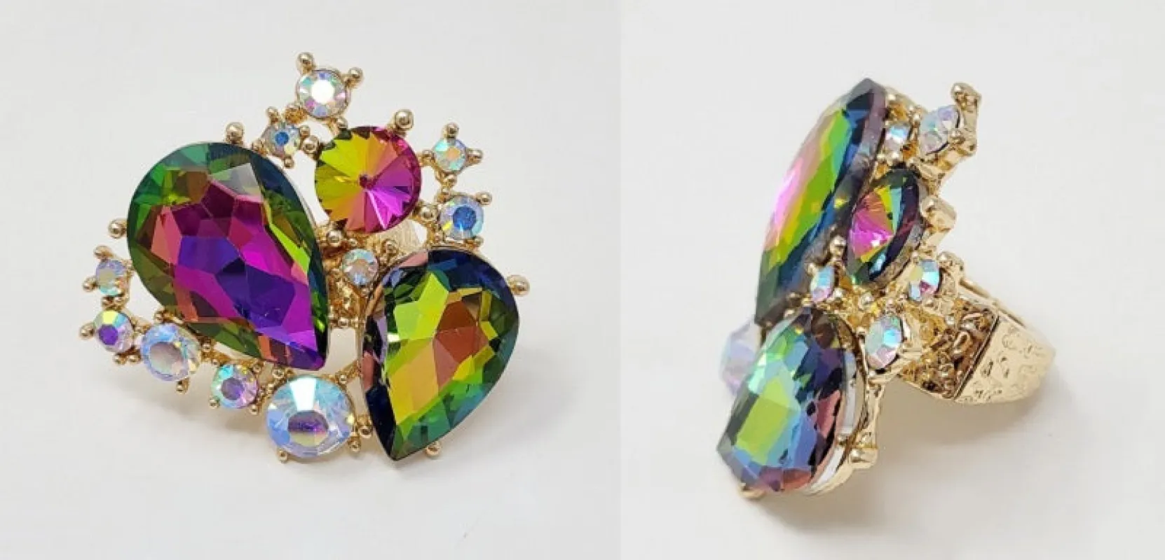 GOLD STRETCH RING VITRAIL OIL SPILL AB STONES ( 10015 GGT ) sold by Oh My Jewelry