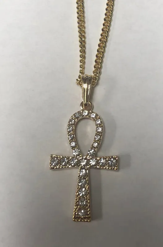 GOLD NECKLACE ANKH PENDANT CLEAR STONES ( 308 ) sold by Oh My Jewelry