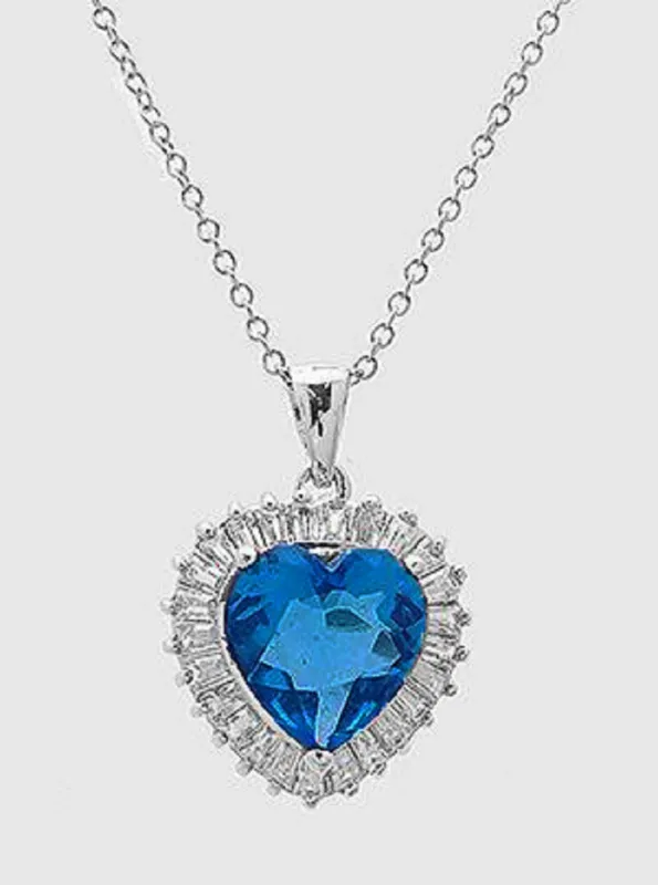 SILVER NECKLACE HEART PENDANT CLEAR BLUE STONES ( 234 BL ) sold by Oh My Jewelry