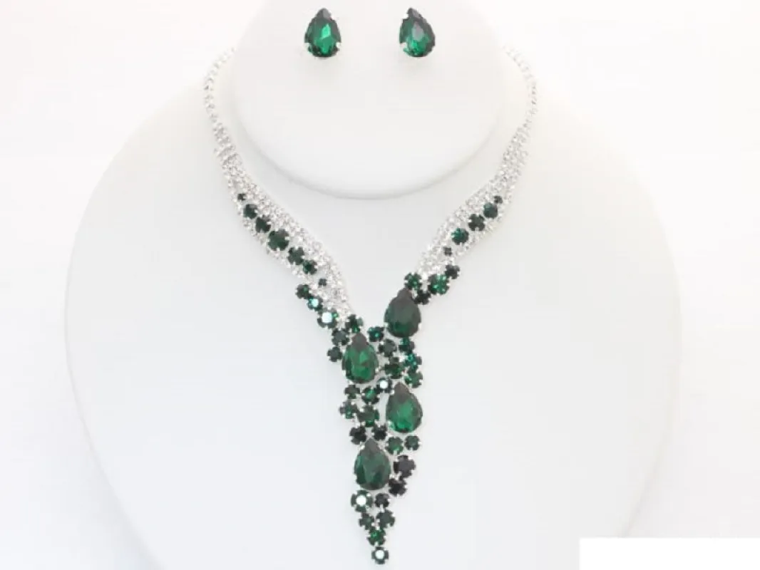Silver Necklace Set Clear Green Stones ( 14029 SGN ) sold by Oh My Jewelry